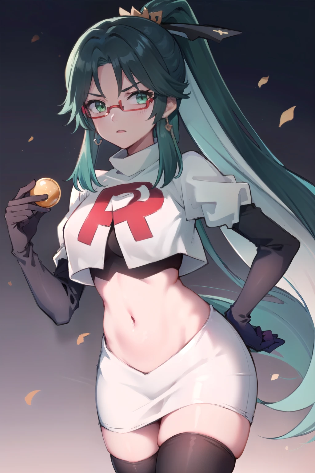  masterpiece, best quality, anime, highly detailed face, perfect lighting, long hair, ponytail, multicolored hair, black hair, bangs, glasses, semi-rimless eyewear, earrings, green hair, hair ornament, jewelry, red-framed eyewear, green eyes, team rocket,team rocket uniform,white skirt,red letter R,crop top,black thigh-highs,black elbow gloves,