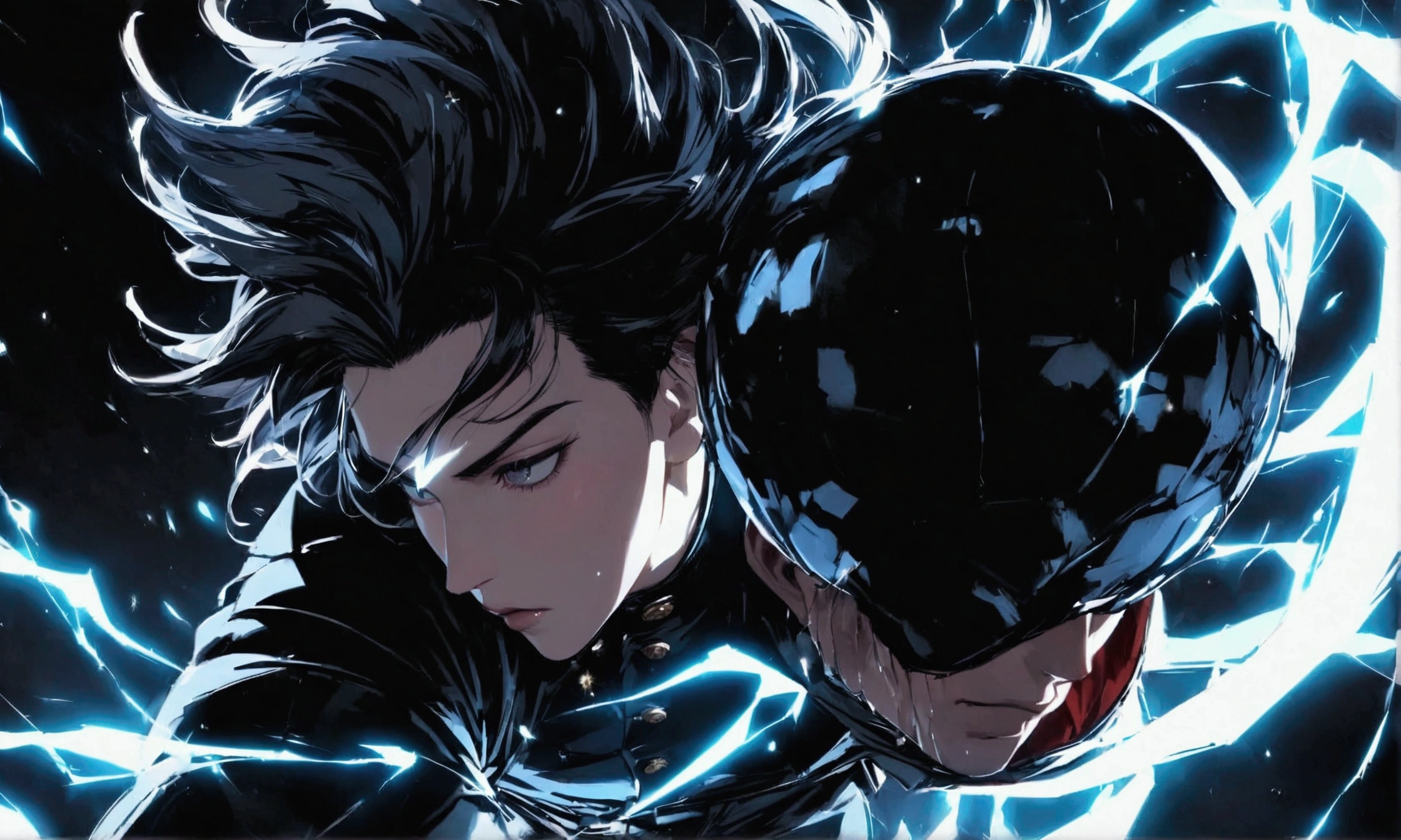 anime, a man with black hair and blue eyes, wearing a blue jacket, tall anime guy with blue eyes, grim Gapmoe Yandere, menacing look, Hijikata Toushirou of gintama, inspired by Okumura Masanobu, activating the anime art style, Nobutaka Ike, the night fight raging behind him. The highest image quality, everything in detail.