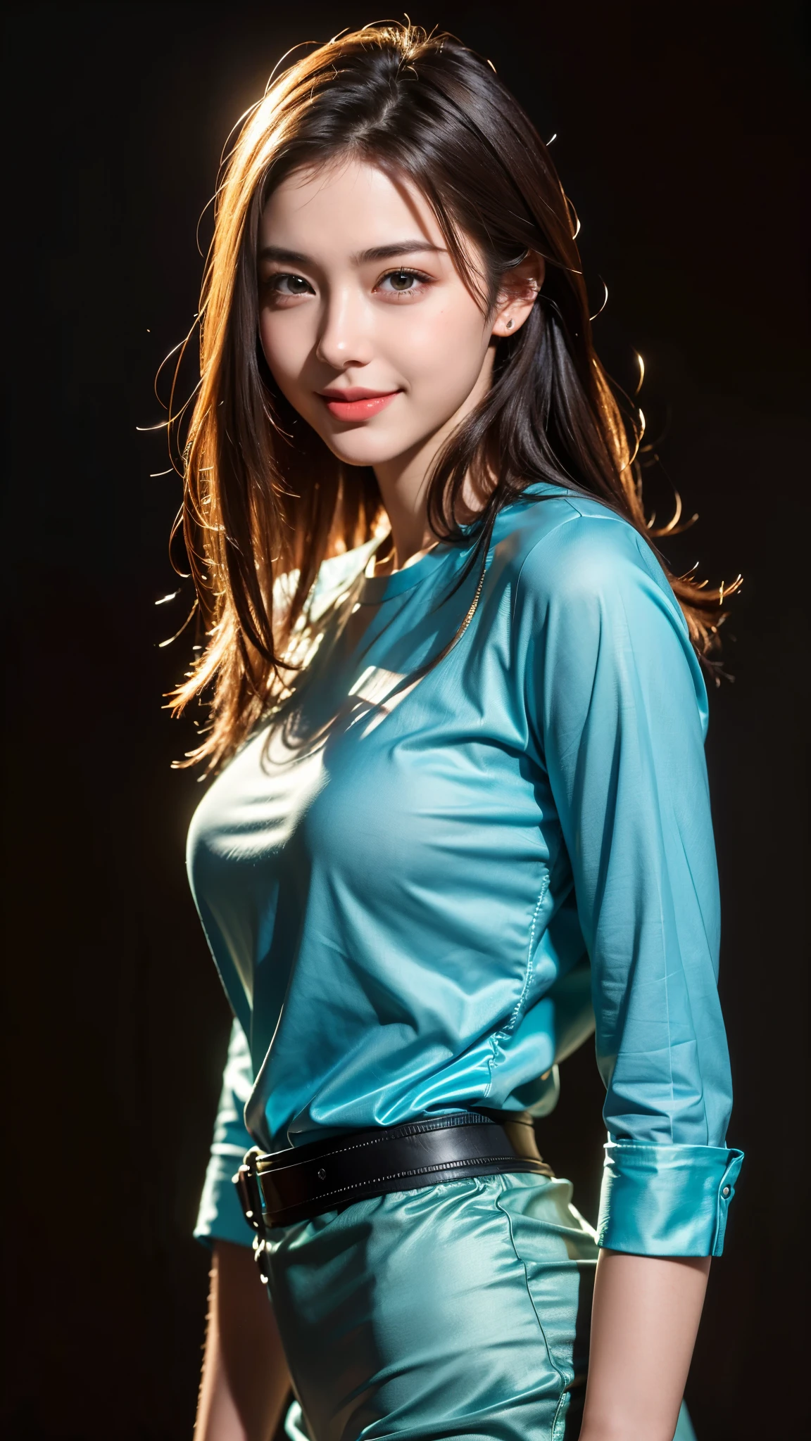 RAW, Best quality, high resolution, masterpiece: 1.3), beautiful Malay woman  (iu:0.8), perfect nose, perfect lips, perfect eyes, detail :1.2), full body image detail, watery eyes, RAW, Best quality, high resolution, masterpiece: 1.3), big breasts, thick thighs, round butt, long hair,brown hair, beutiful hairs, perfect nose, perfect lips, perfect eyes, details :1.2), gentle smile, full body, woman in blue top and tight leggings standing in front of the park, blue sea, blue clothing, wearing a blouse, blue tunic, dark blue traditional clothing, blue traditional clothing, casual clothing style, wearing blue clothing, blue clothing, modern casual clothing, loose blouse, dark blue, dark blue clothing, wearing casual clothing elegant, dark blue color