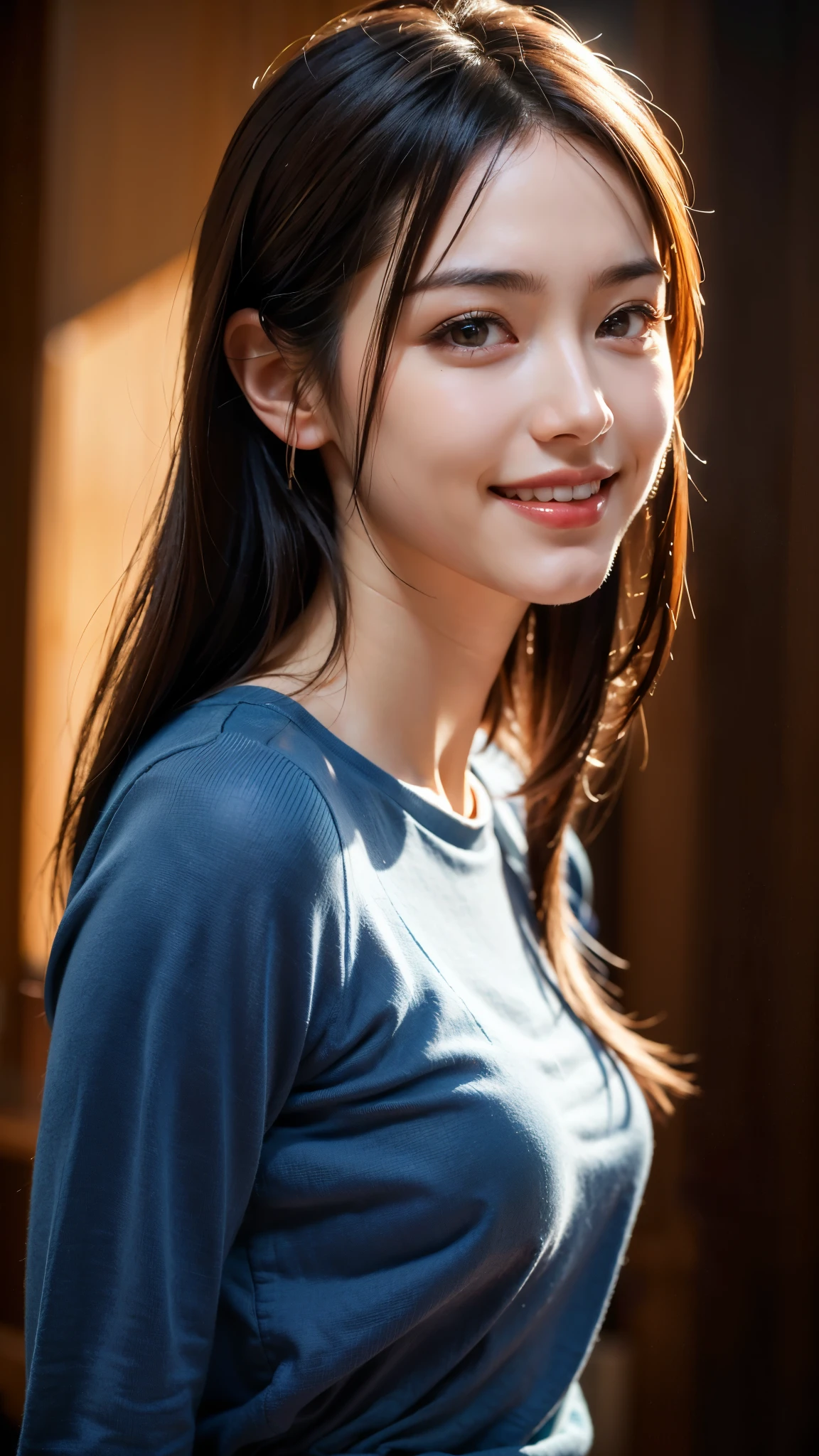 A close up of a woman with long hair and a blue shirt - SeaArt AI