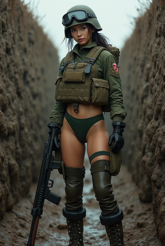Beautiful woman, wearing metallic green leotards, silver belt, on a military tank