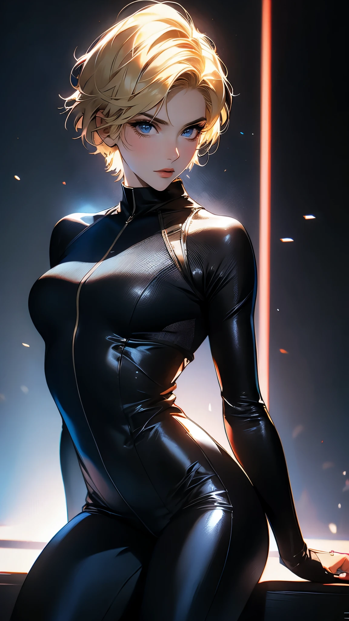 envision a 8k, highres, cinematic, beautiful full body pinup of a sexy lady with a slender body, strong face, strong mature older face, (((choppy blonde short hair))), side locks, long bangs, blue eyes, tight body suit, spandex, skater girl, cap ((((1girl)))), in dark lighting, against a dark gray background