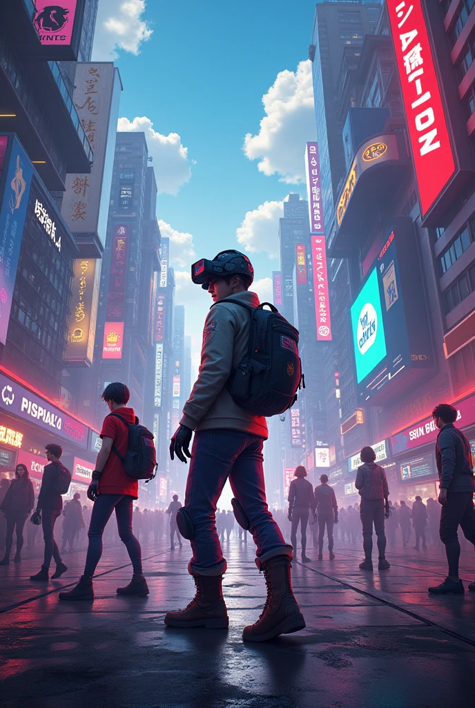 There are many people standing together with a man wearing headphones
