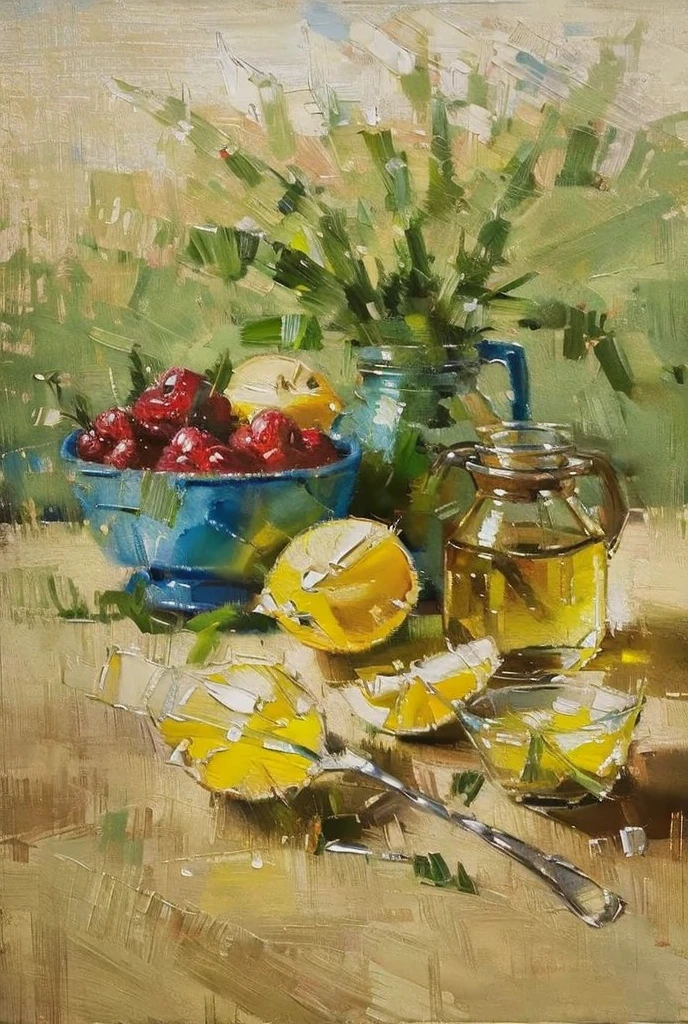 A still life painting of fruits ((oil painting))(((masterpiece)))