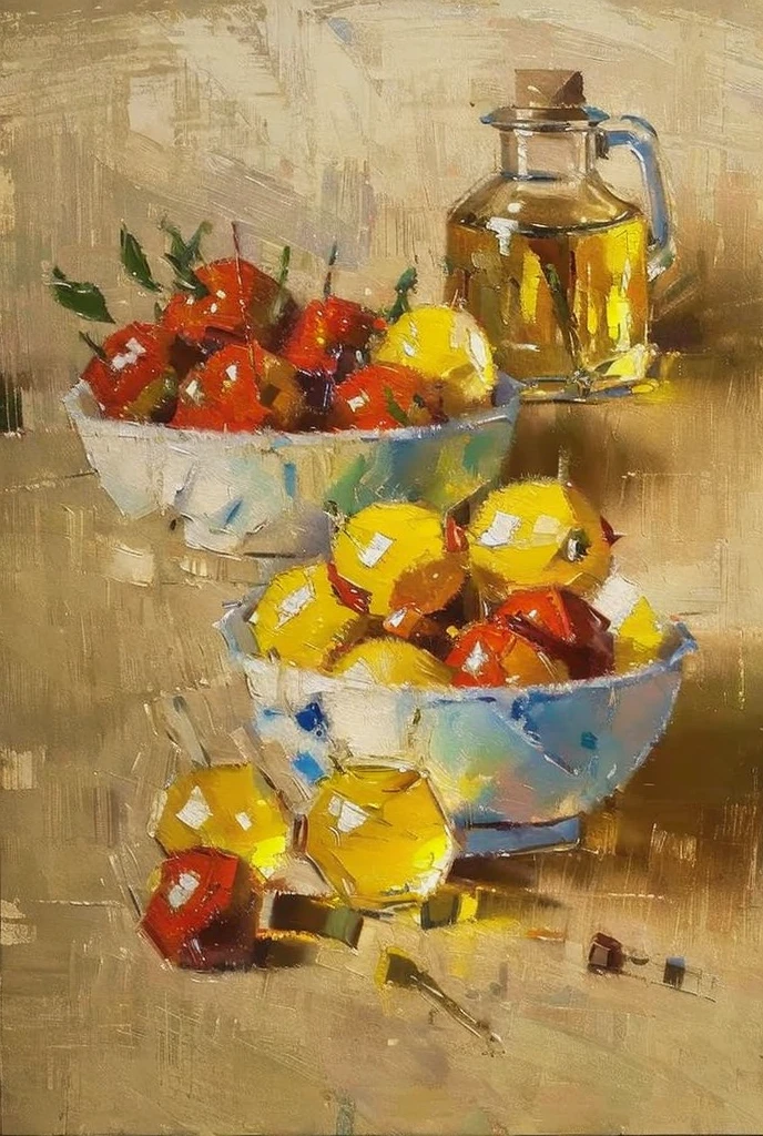 A still life painting of fruits ((oil painting))(((masterpiece)))