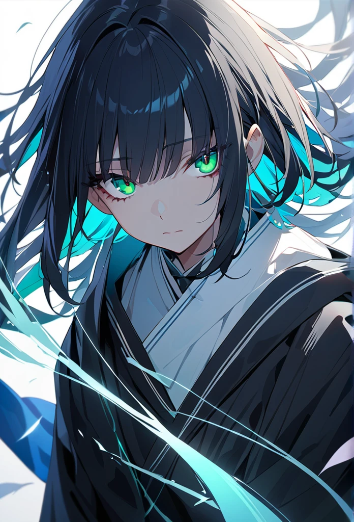 highest quality、highest quality、Super detailed、perfect face、very detailed、perfect human body、Very delicate and detailed、1 boy、long black hair、hair is down to the waist、The ends of the hair are mint green、light blue eyes、Wearing a big black hoodie、black pants、night、detailed background