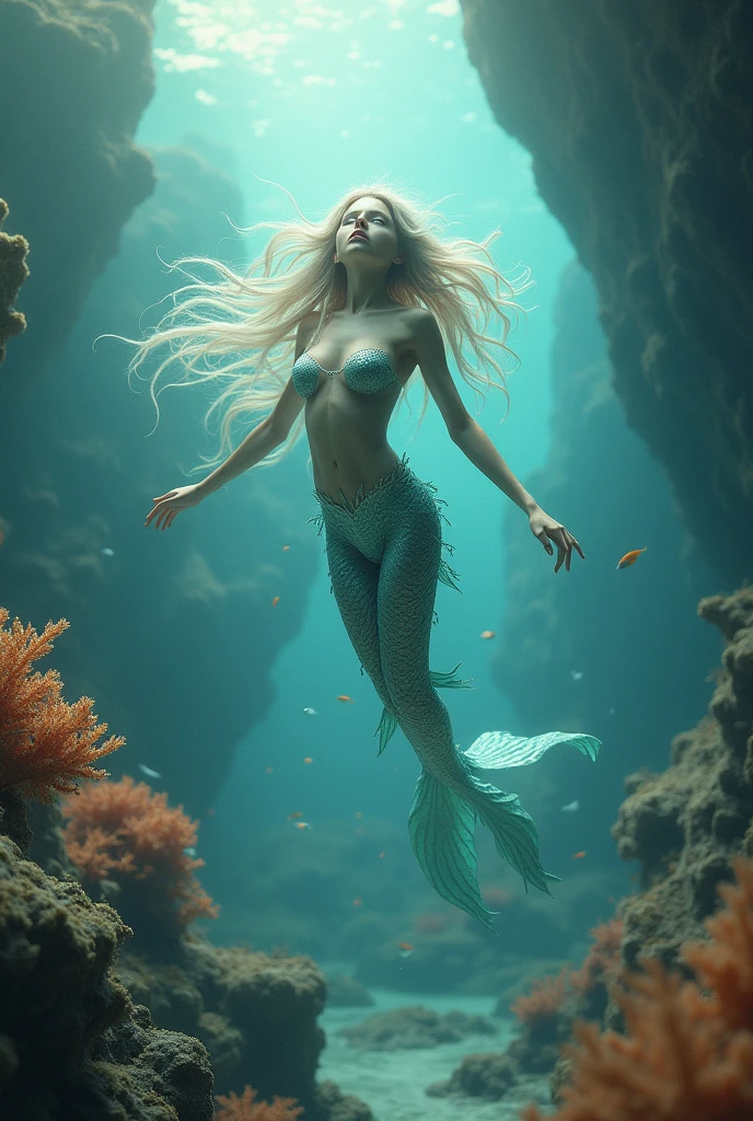 A mermaid with skin as pale as Chinese porcelain and long, wavy hair like pure silver, with eyes as white as pearls and medium, fleshy, reddish lips.. She has pearly white scales on the side of her face and fins instead of ears..