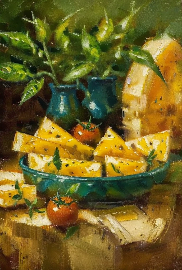 A still life painting of cheese, tomato, basil, and olive oil, ((oil painting))(((masterpiece)))