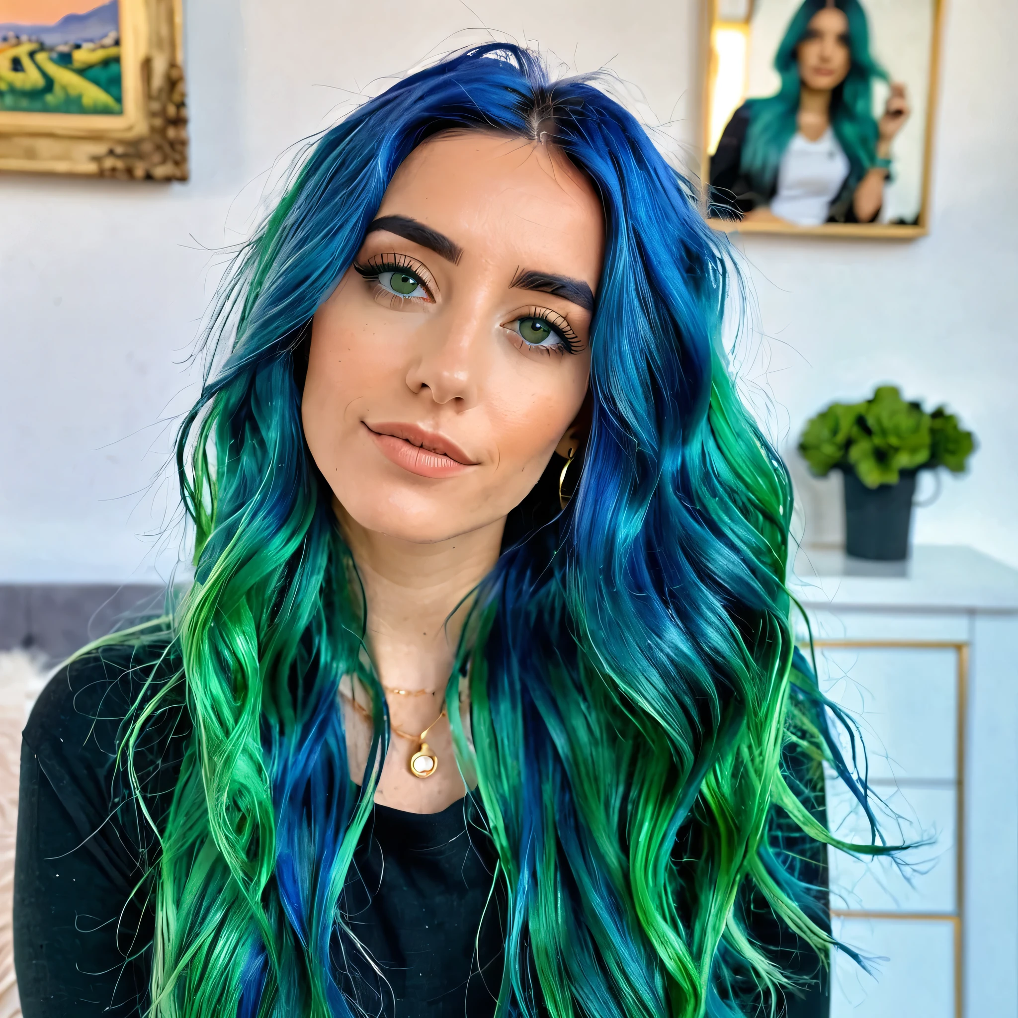 a woman  italian , blue and green hair  , long hair  ,  influencer ,  instagram