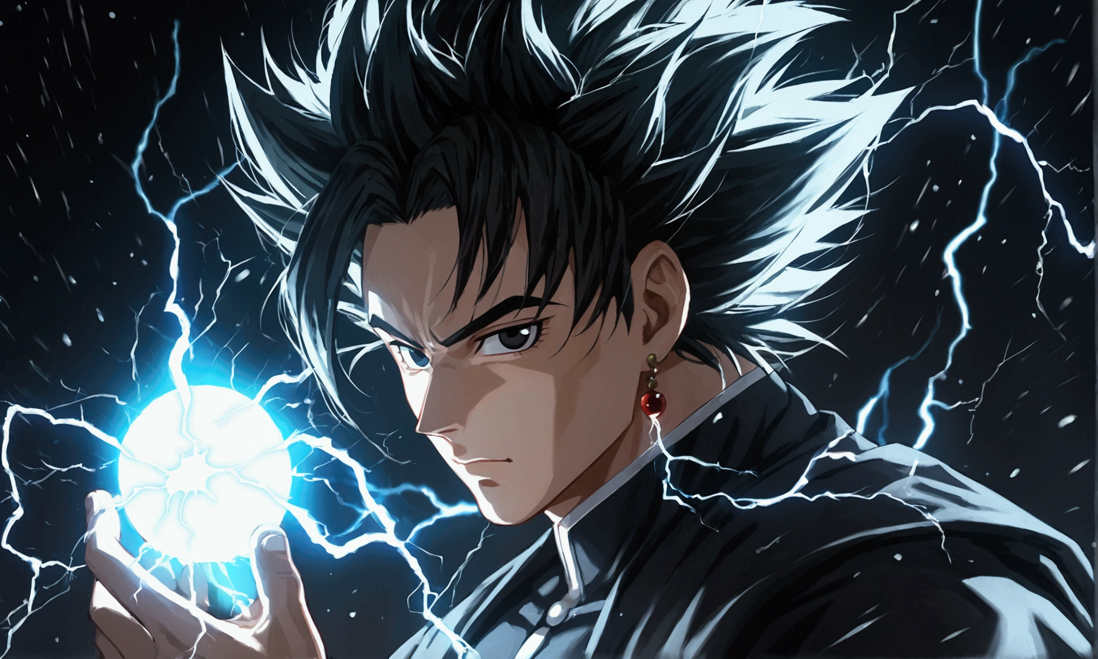 Seeing of the right, adult male, a character up to the waist, holding a black dark sphere of energy with white lightning parts like a lightning bolt illuminating around the sphere and in the middle of it, as if it were destroying the sphere and dodging, but it was just the aesthetics of power, white lightning after the character body, in a black background scenario, he holds it with his right hand and he was looking at it in admiration of his power, observing with superiority. Hair like Vegeta's going up and also like Sasuke's with bangs falling from the top to the chin area, Sasuke hairstyle, hair is very spike, spread upwards, sideways and downwards in the side and top, his hair is very high and voluminous on top like Vegeta's and has very wide bangs down and on the sides like Sasuke's, black eyes, black hair, stylish hair, black clothes mixed with Demon Slayer corp's outfit, very stylish outfit, cool outfit, going up to his wrists, being tight and closed in the beginning of the neck like Demon Slayer corp's outif, ultra professional anime art, cinematic lighting, god rays, drop shadow, ray tracing, glowing light, sparkle, anime, anime style, best quality, high quality, high details, super detail, textured skin, highres, 1080P, anatomically correct, accurate, masterpiece, retina, UHD