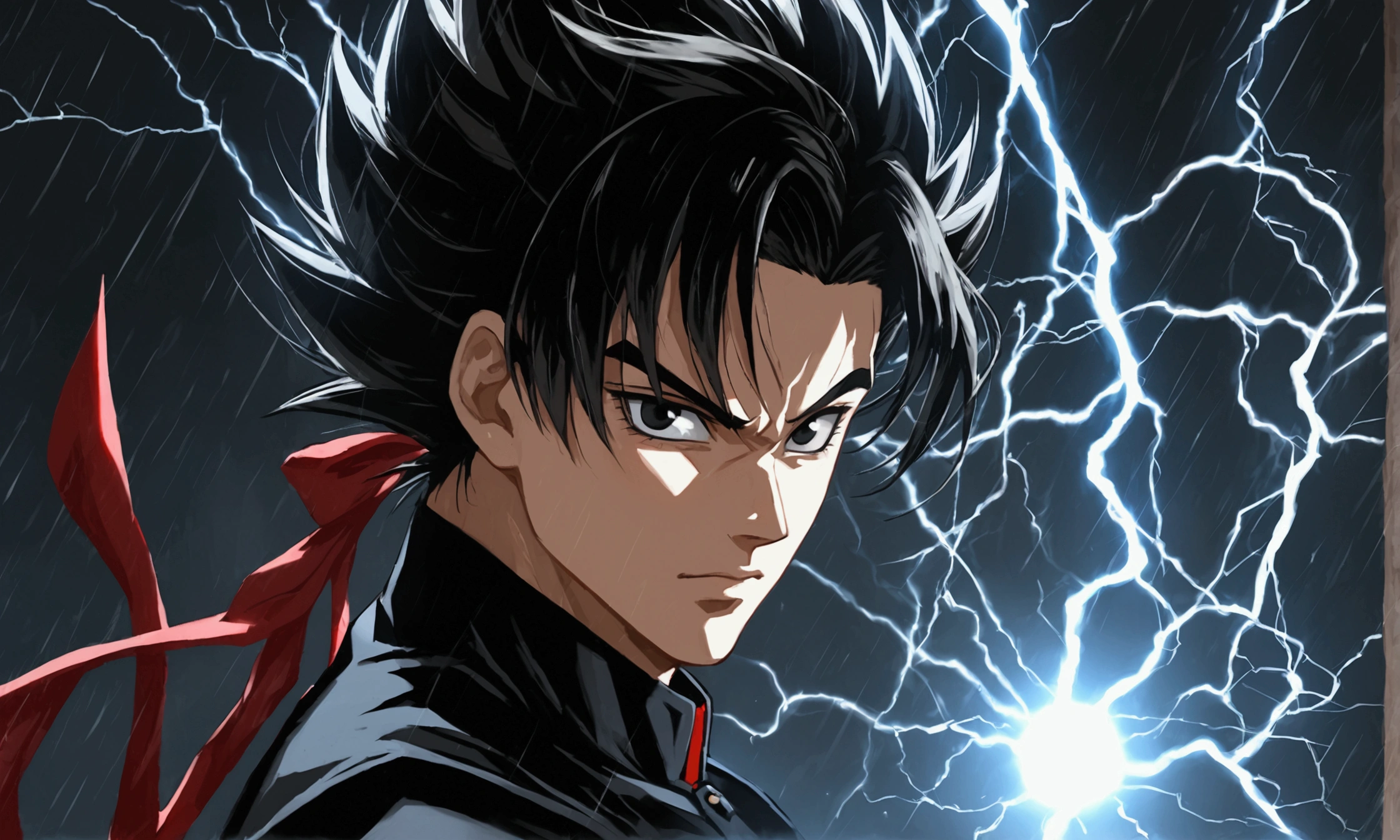 Seeing of the right, adult male, a character up to the waist, holding a black dark sphere of energy with white lightning parts like a lightning bolt illuminating around the sphere and in the middle of it, as if it were destroying the sphere and dodging, but it was just the aesthetics of power, white lightning after the character body, in a black background scenario, he holds it with his right hand and he was looking at it in admiration of his power, observing with superiority. Hair like Vegeta's going up and also like Sasuke's with bangs falling from the top to the chin area, Sasuke hairstyle, hair is very spike, spread upwards, sideways and downwards in the side and top, his hair is very high and voluminous on top like Vegeta's and has very wide bangs down and on the sides like Sasuke's, black eyes, black hair, stylish hair, black clothes mixed with Demon Slayer corp's outfit, very stylish outfit, cool outfit, going up to his wrists, being tight and closed in the beginning of the neck like Demon Slayer corp's outif, ultra professional anime art, cinematic lighting, god rays, drop shadow, ray tracing, glowing light, sparkle, anime, anime style, best quality, high quality, high details, super detail, textured skin, highres, 1080P, anatomically correct, accurate, masterpiece, retina, UHD