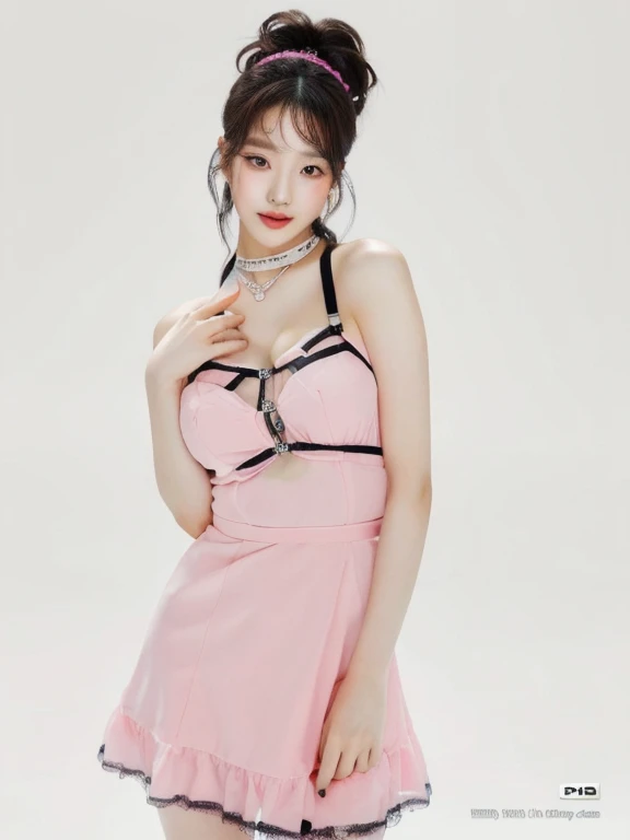 a close up of a woman in a pink dress posing for a picture, pink dress, photo of slim girl model, black and pink dress, korean women's fashion model, pink body harness, pink halter top, tube-top dress, jia, heonhwa choe, sha xi, seseon yoon, pink, e - girl, e-girlcute natural anime face, kawaii realistic portrait, Físico : el abdomen más pequeño jamás visto, jisoo from blackpink, popular south korean makeup, quality detailed ,(beautiful makeup :1.2), Wide hips, big, big ass, (best quality, 8K, masterpiece: 1.3), Clear focus: 1.2, Perfect body beauty: 1.4, strong abs, Very detailed face and skin texture. , detailed eyes, double eyelids, (long hair), having very marked curves, with greater volume in ((breasts))