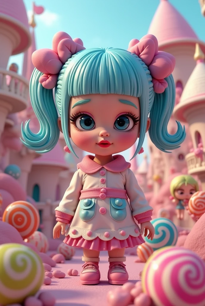 (full body);Create a series of cute black afro dolls chibi style afro skin style; 3d; cute; 3d toy art; toy art; anime style; glitter; color pink; color white; Bunny details; cyberpunk details; robot limbs; wavy and curly hair; eyes must be large and apathetic, with long eyelashes and slightly pinkish cheeks