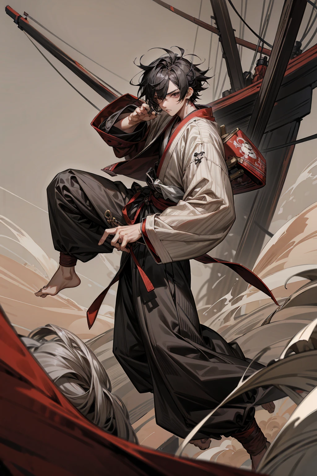 1male, Adult, Two-Toned Hair, White and Black Hair, Messy Hair, Short Hair, Large Ear Rings, Red Martial Arts Clothing, Black Baggy Pants, Red Haori, Grey Sash, Pirate Ship