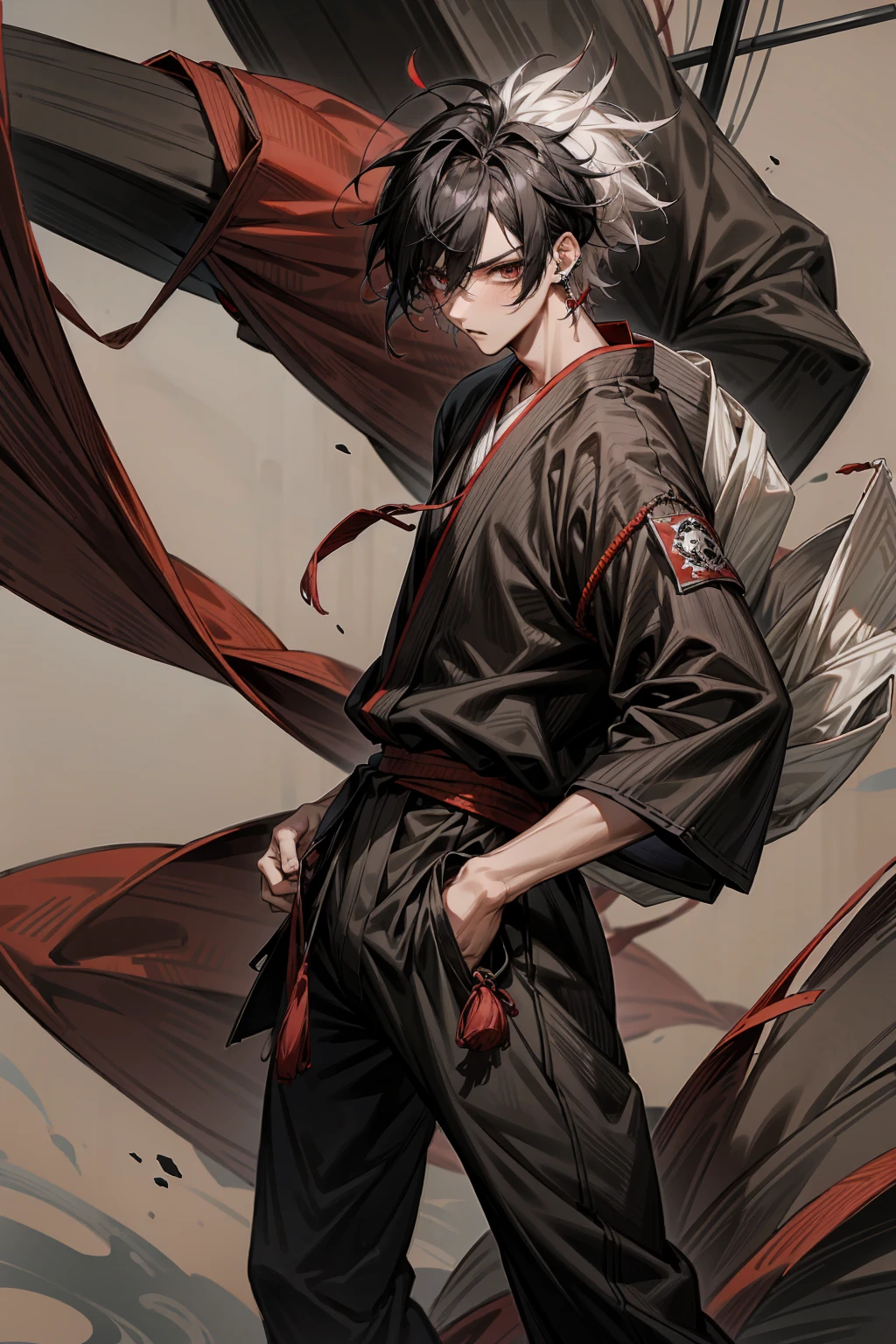 1male, Adult, Two-Toned Hair, White and Black Hair, Messy Hair, Short Hair, Large Ear Rings, Red Martial Arts Clothing, Black Baggy Pants, Red Haori, Grey Sash, Pirate Ship