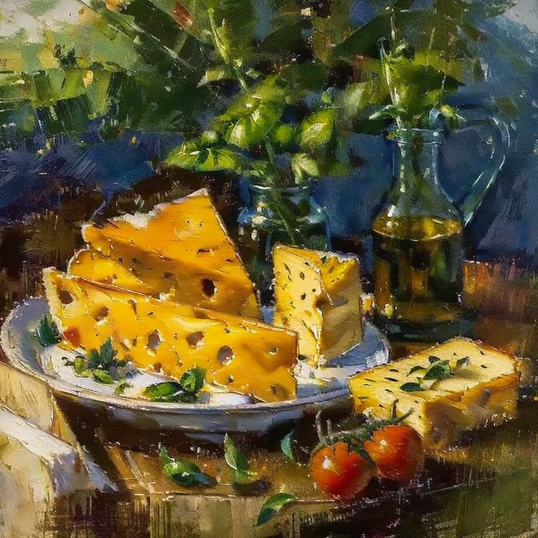 A still life painting of cheese, tomato, basil, and a small bottle of olive oil, ((oil painting)),(((masterpiece))), (extremely accurate: 1.2), (high resolution: 1.3), (best quality: 1.0)