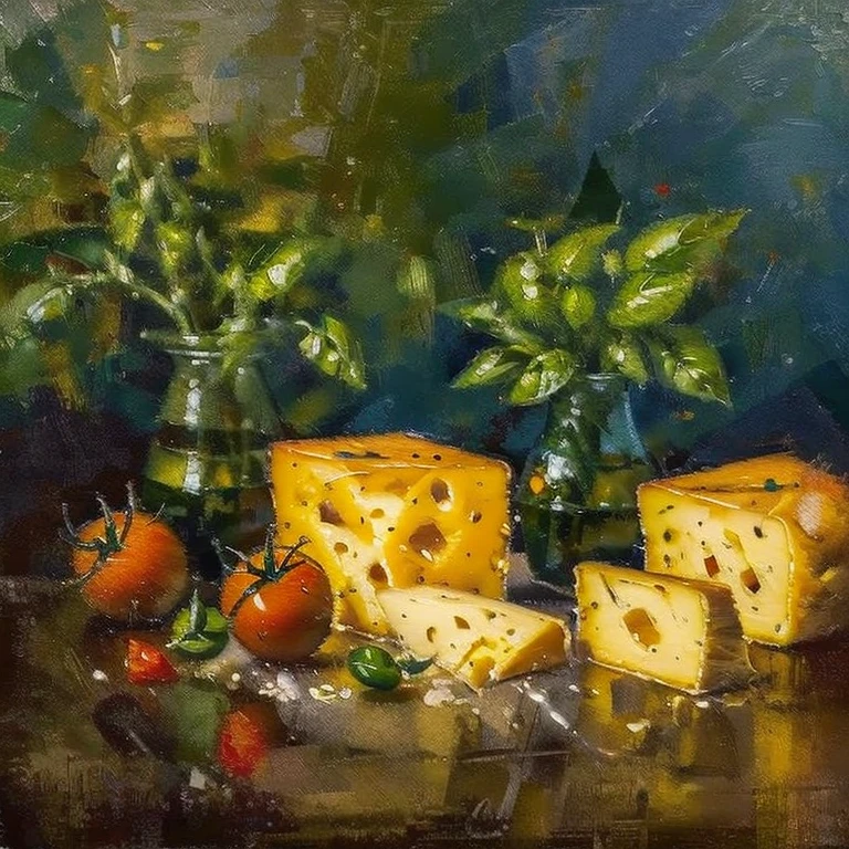 A still life painting of cheese, tomato, basil, and a small bottle of olive oil, ((oil painting)),(((masterpiece))), (extremely accurate: 1.2), (high resolution: 1.3), (best quality: 1.0)