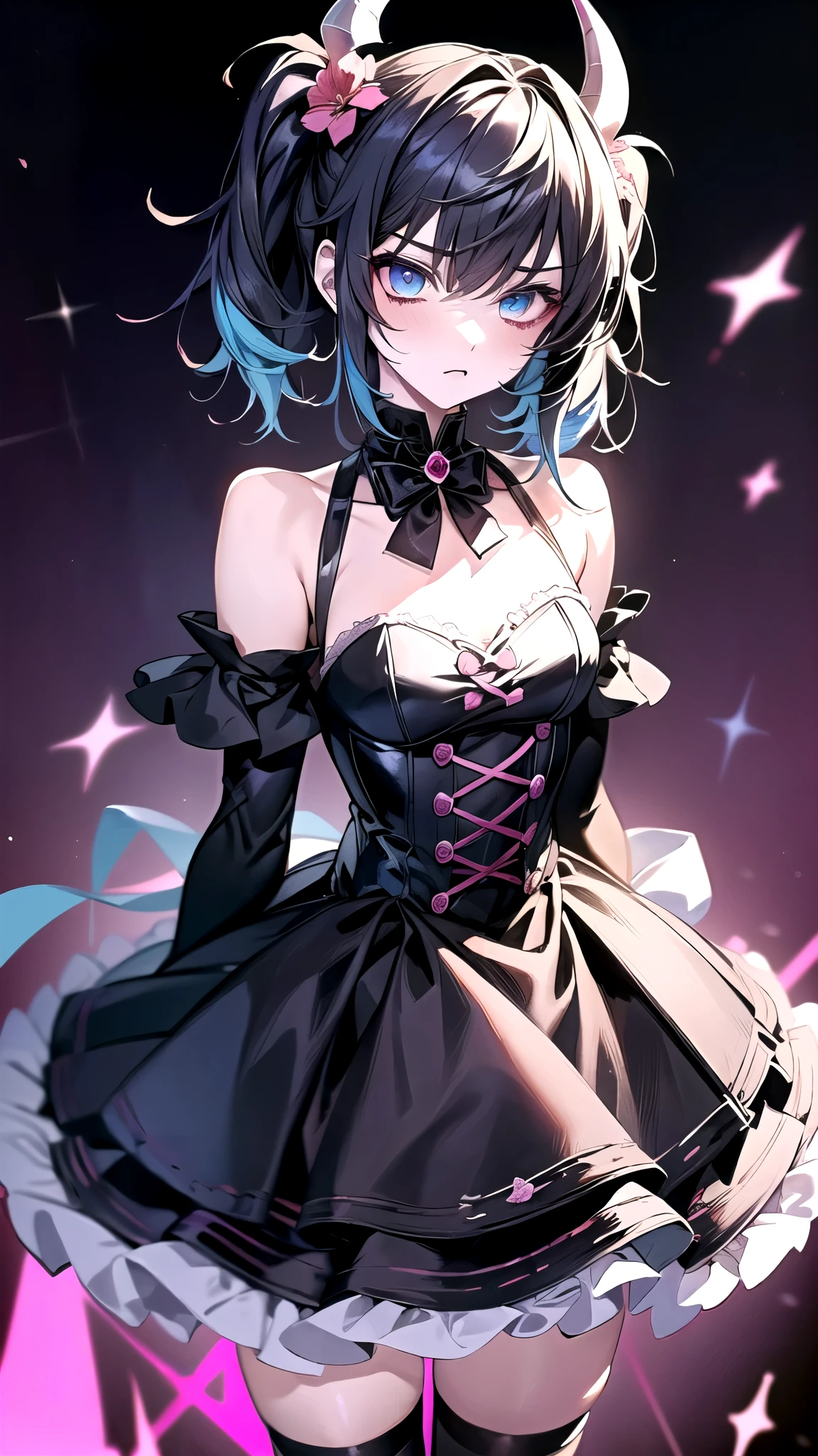 Illustrator, anime , Realistic ,sketch , 1 person, model, lip, A translucent gothic black mini dress with lots of lace, blindfold, eye covered, black blindfold, order, Blue and pink gradient background, Neon colored short hair, Big Breasts, whole body, look back, Sexy look, Sexy pose, Texture Trim, Russia, (masterpiece,Highest quality)