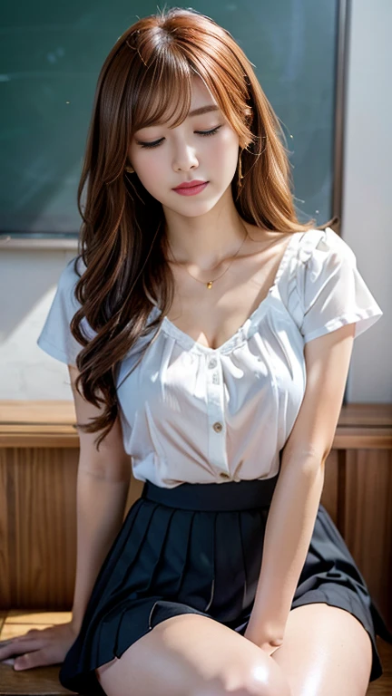 (8k,high resolution, Masterpiece, best quality, alone, complicated details, Chromatic aberration), realistic, ((small breasts)), hair in one eye, purple eyes, big round hoop earrings, sharp eyes, Choker decorated with diamonds, (symmetrical eyes), (Perfect symmetrical body), Good shape. Model mannequin, Photo of a beautiful 21 year old teenage girl.,(fit the body), Beautiful and charming with contemporary fashion paintings as well, looking at the audience, ((Behind the scenes of a large classroom)), (black short skirt), ((wore a white short-sleeved shirt), (Unbuttoning all the buttons), (Revealing breast)), ((A short black pencil skirt), a deep slit on the side), (double Square head leather belt), ((Put your hands down.)), (Golden brown bob long hair, bangs to the side.) , (Sit with your legs open), sharp eyeliner, Blush eyeshadow with thick eyelashes, Very delicate and beautiful, round chin, Sharp focus, elegant, sit legs open on the study table Lift one leg , (The legs are spread apart) , dynamic gesture, soft breasts, saggy breasts.