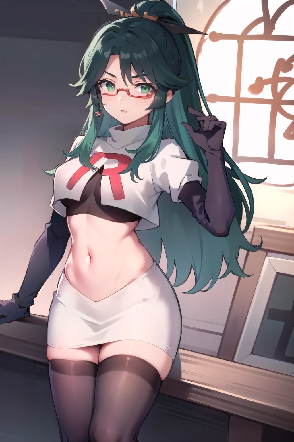 (best quality, masterpiece, RAW photo,ultra-detailed:1.2), <lyco:GoodHands-beta2:1.0>,1girl,solo,looking at viewer,smile <lyco:Burnin-10:0.6>burnin,((domino mask, eye mask, black mask)), large breasts, thighhighs,
fiery green hair, white clothes, white mini skirt, from below, city, from behind, ass,