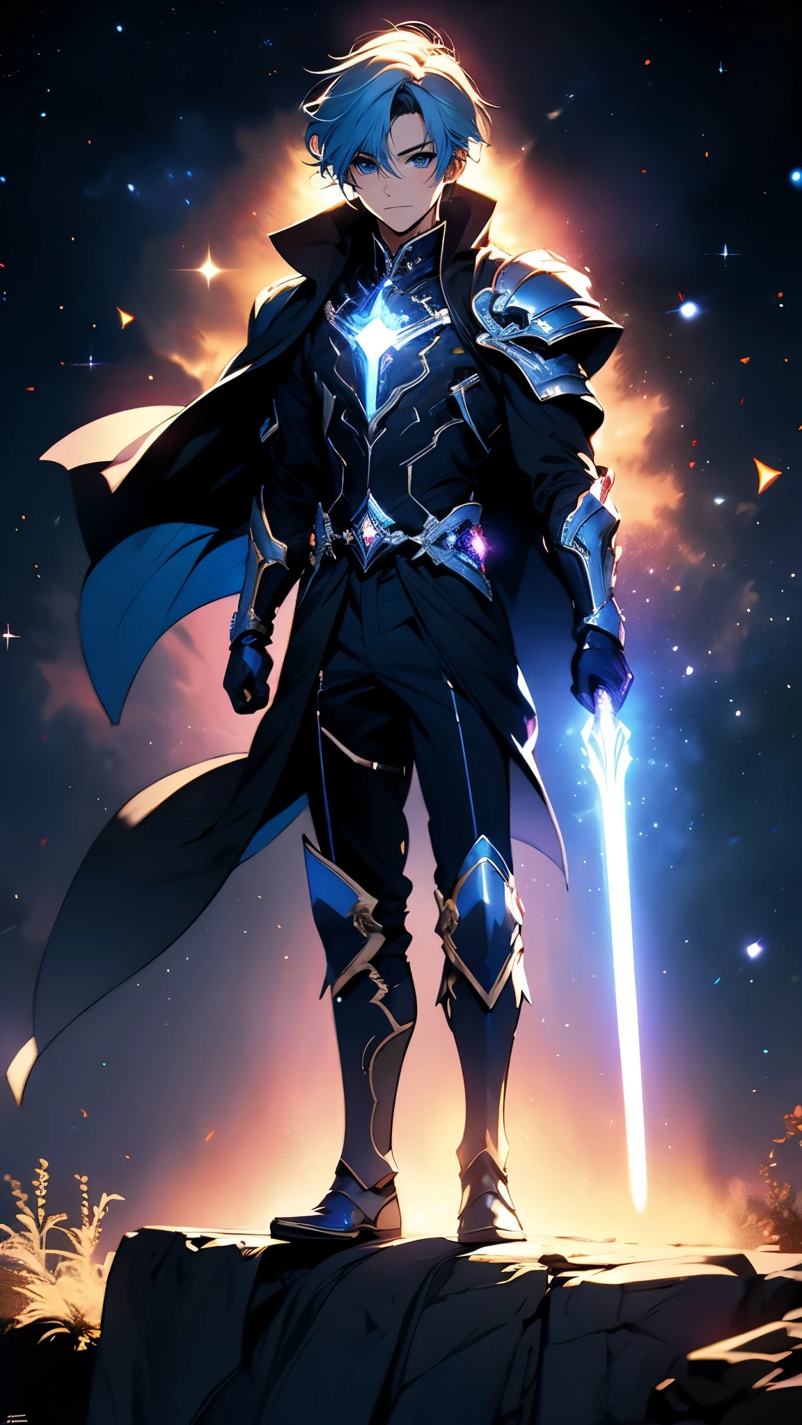 envision a 8k, highres, cinematic, detailed, semi realistic full body pinup of a sharp Japanese boy, long blue hair, blue eyes, wide confident smile, Rimiru, starry armor, shining armor, tall cape, (((1boy))), in dark lighting, against a dark background