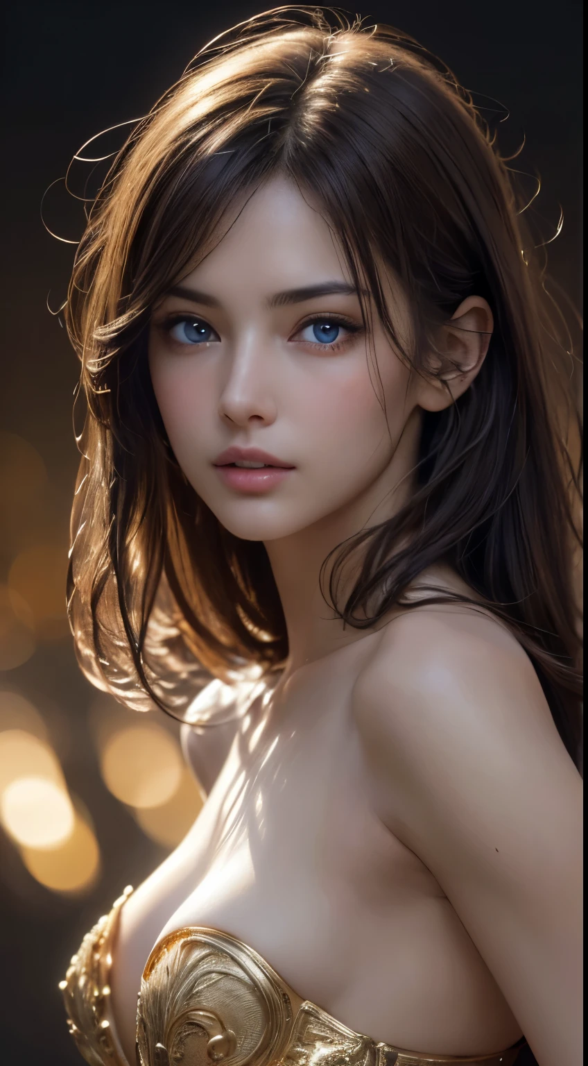 masterpiece, best quality, ultra-detailed, facing the camera head on, intricately detailed hyperdetailed, realistic, sharp features, highly detailed, sharp focus, perfect face, perfect face, perfect symmetrically perfect eyes, perfect full lips, flexible female form, cinematic, film light, hyper detailed, hyper realistic, masterpiece, atmospheric, high resolution, vibrant, dynamic studio lighting, nsfw, ((Dark background)), Sexy face, Facial expressions when receiving pleasure, straight Bangs, blue Eyes,