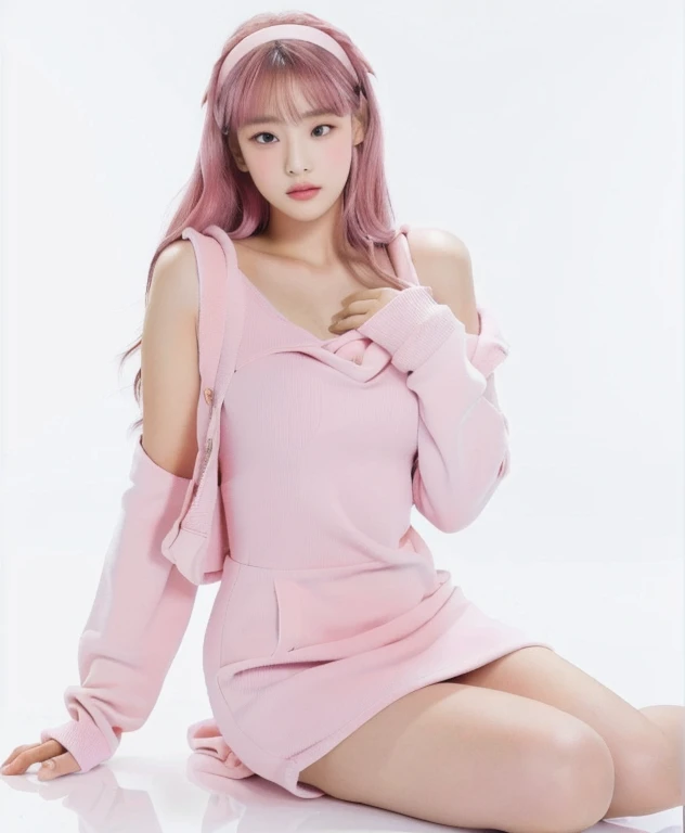 Beautiful woman wearing a pink white purple mini dress with decorations on the shirt and visible shoulders and wearing boots and being photographed with a white background ,Korean style swag, beautiful face so gorgeous, Beautiful eyes, y2k style