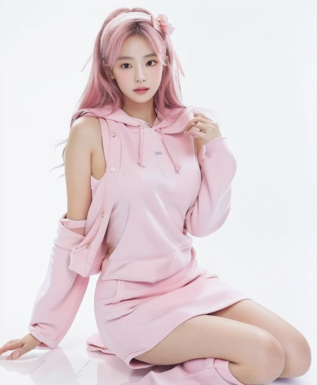 arafed woman in pink dress sitting on the floor with her hands on her hips, pink clothes, roseanne park of blackpink, jossi of blackpink, pastel pink skin tone, pink pastel, jia, some pink, pastel pink, pink, pink girl, with soft pink colors, pink dress, lalisa manoban of blackpink, wearing a pastel pink hoodiecute natural anime face, kawaii realistic portrait, Físico : el abdomen más pequeño jamás visto, jisoo from blackpink, popular south korean makeup, quality detailed ,(beautiful makeup :1.2), Wide hips, big, big ass, (best quality, 8K, masterpiece: 1.3), Clear focus: 1.2, Perfect body beauty: 1.4, strong abs, Very detailed face and skin texture. , detailed eyes, double eyelids, (long hair), having very marked curves, with greater volume in ((breasts))