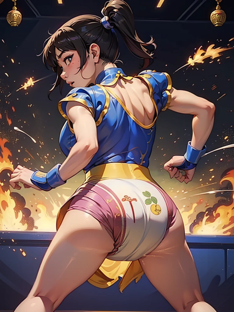 Mongolian Girl, 12, Chun Li Outfit, Leotard, ((Facing Backwards, Slapping Her Buttocks with her left hand))