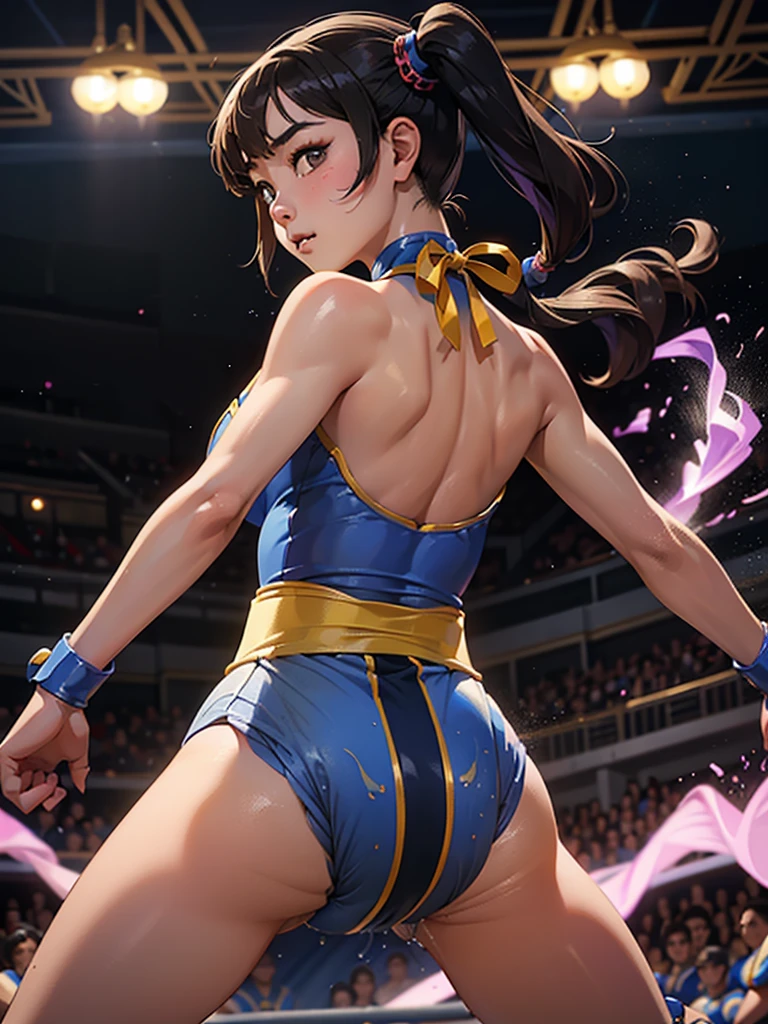 Mongolian Girl, 12, Chun Li Outfit, Leotard, ((Facing Backwards, Slapping Her Buttocks with her left hand))