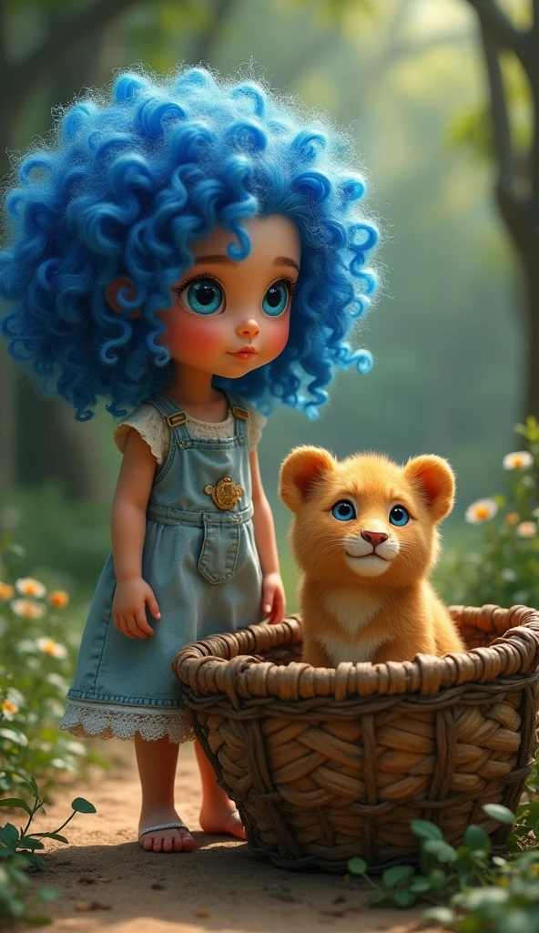A baby girl with blue very curly hair and blue eyes
with smiling lips,
Next to an old basket inside
Little Tiger is beautiful
In the sea
style 3D