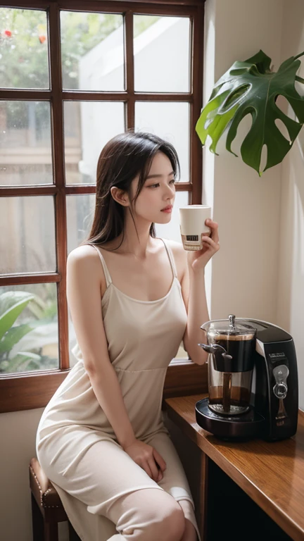 best quality,4k,8k,highres,masterpiece:1.2,ultra-detailed,realistic:1.37,girl(s),beautiful detailed eyes,beautiful detailed lips,extremely detailed face,soft natural lighting,casual outfit,intimate atmosphere,coffee aroma,barista preparing coffee,espresso machine,artistic latte art,cozy corner,comfortable seating,wooden furniture,plants and flowers,delicate porcelain cups,various types of coffee beans,coffee grinder,coffee beans in burlap sacks,classic vintage espresso machine,cappuccino with frothy milk,aromatic coffee brewing,rich and smooth coffee taste,sun rays streaming through windows,soft color palette,relaxing background music,calm and peaceful ambiance,gentle clinking of cups,artisanal coffee,steaming cup of coffee in hand,indoor balcony with potted plants,bookshelf filled with novels and magazines,sunlit interiors,inviting atmosphere,friendly and attentive staff.