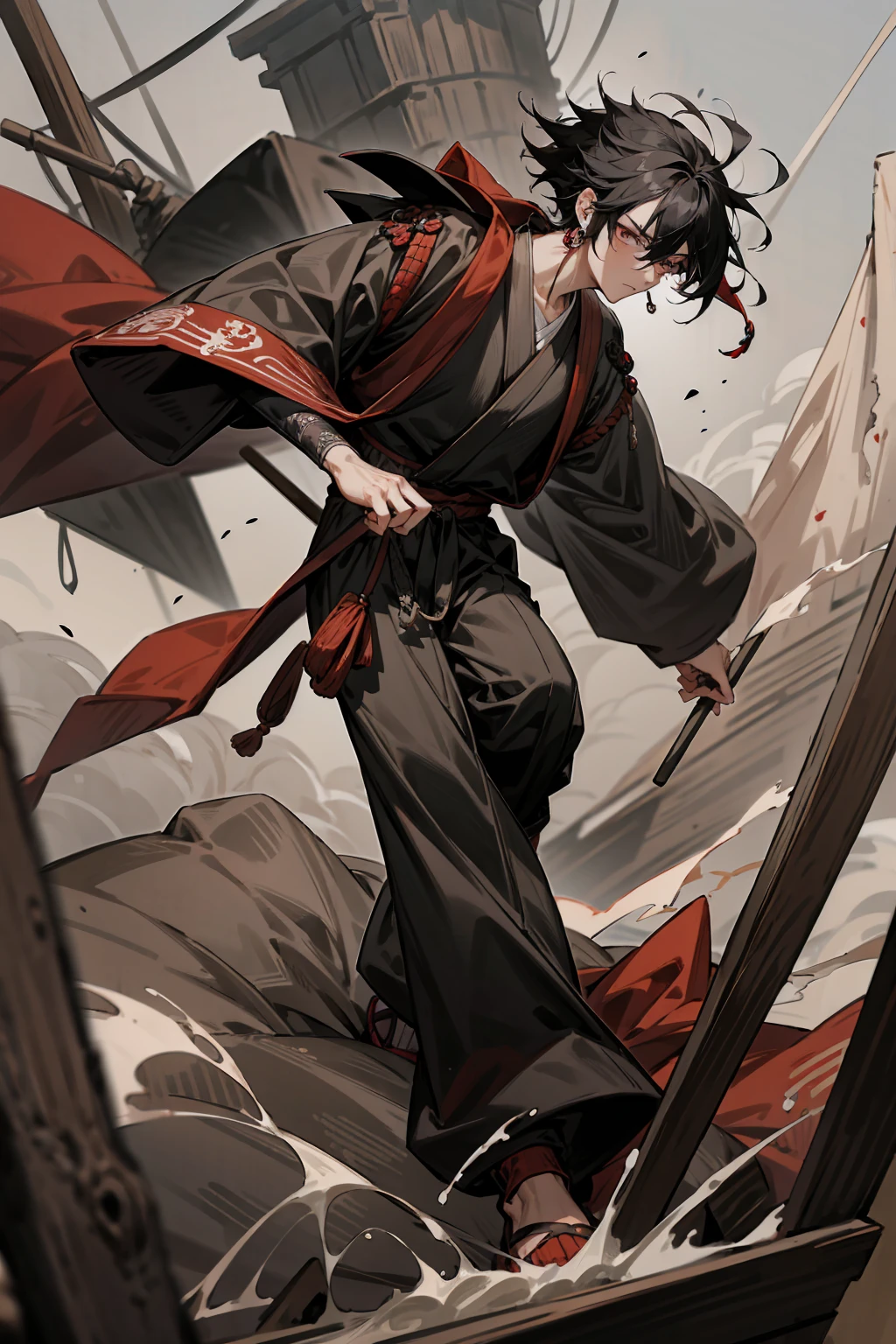 1male, Adult, Two-Toned Hair, White and Black Hair, Messy Hair, Short Hair, Large Ear Rings, Red Martial Arts Clothing, Black Baggy Pants, Red Haori, Grey Sash, Pirate Ship