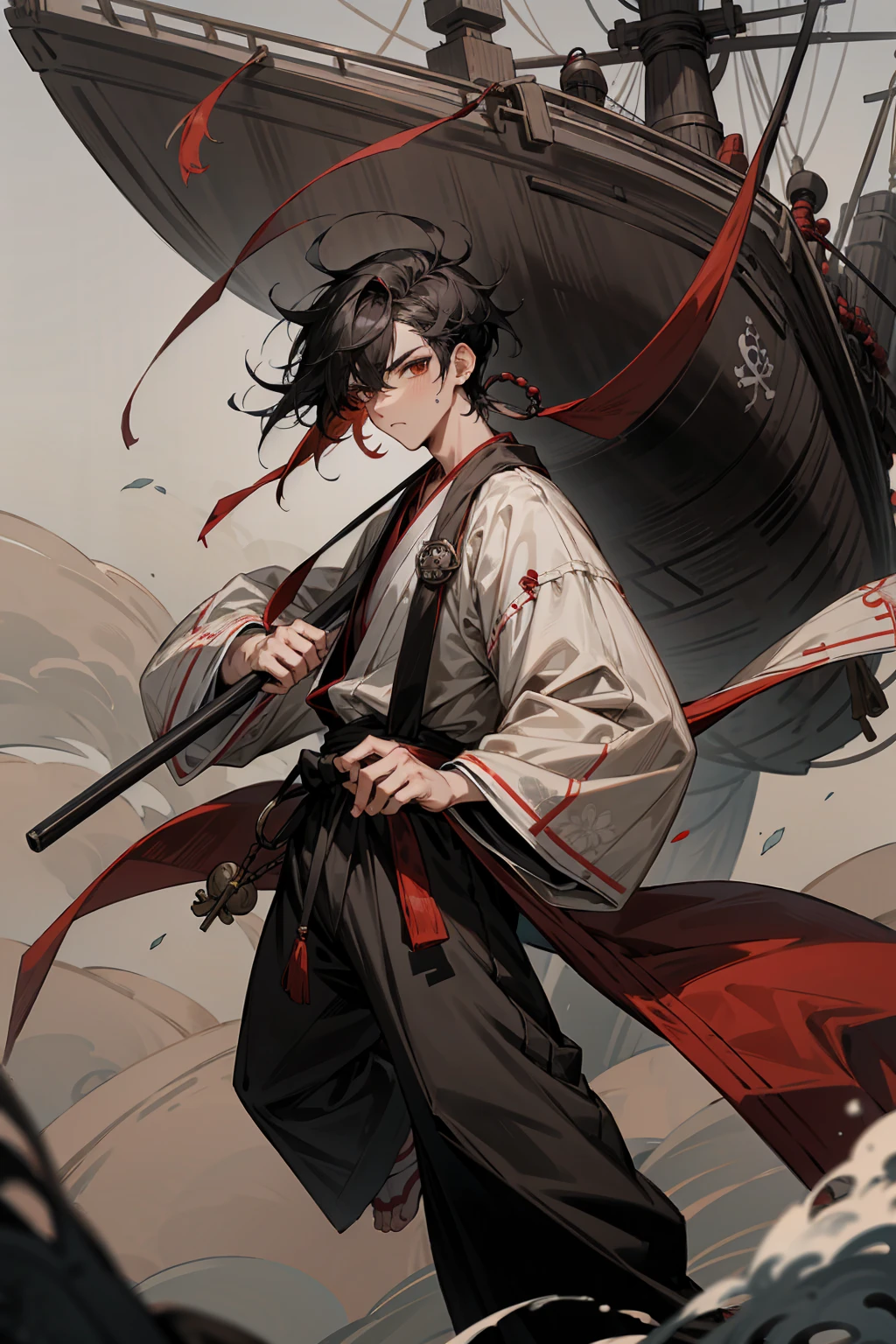 1male, Adult, Two-Toned Hair, White and Black Hair, Messy Hair, Short Hair, Large Ear Rings, Red Martial Arts Clothing, Black Baggy Pants, Red Haori, Grey Sash, Pirate Ship