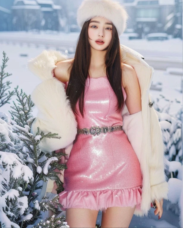 araffe woman in a pink dress and a white fur coat, pink glitter mermaid gown, dressed in a pink dress, dua lipa, wearing a sparkling dress, in style of petra collins, portrait sophie mudd, anna nikonova aka newmilky, wearing a pink dress, lalisa manobal, style of julia razumova, bae suzycute natural anime face, kawaii realistic portrait, Físico : el abdomen más pequeño jamás visto, jisoo from blackpink, popular south korean makeup, quality detailed ,(beautiful makeup :1.2), Wide hips, big, big ass, (best quality, 8K, masterpiece: 1.3), Clear focus: 1.2, Perfect body beauty: 1.4, strong abs, Very detailed face and skin texture. , detailed eyes, double eyelids, (long hair), having very marked curves, with greater volume in ((breasts))