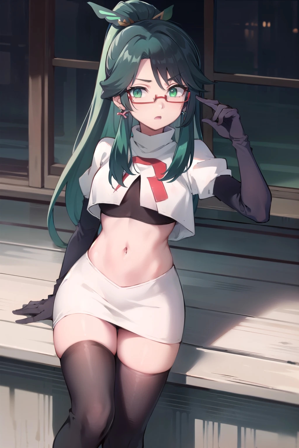  masterpiece, best quality, anime, highly detailed face, perfect lighting, long hair, ponytail, multicolored hair, black hair, bangs, glasses, semi-rimless eyewear, earrings, green hair, hair ornament, jewelry, red-framed eyewear, green eyes, team rocket,team rocket uniform,white skirt,red letter R,crop top,black thigh-highs,black elbow gloves,