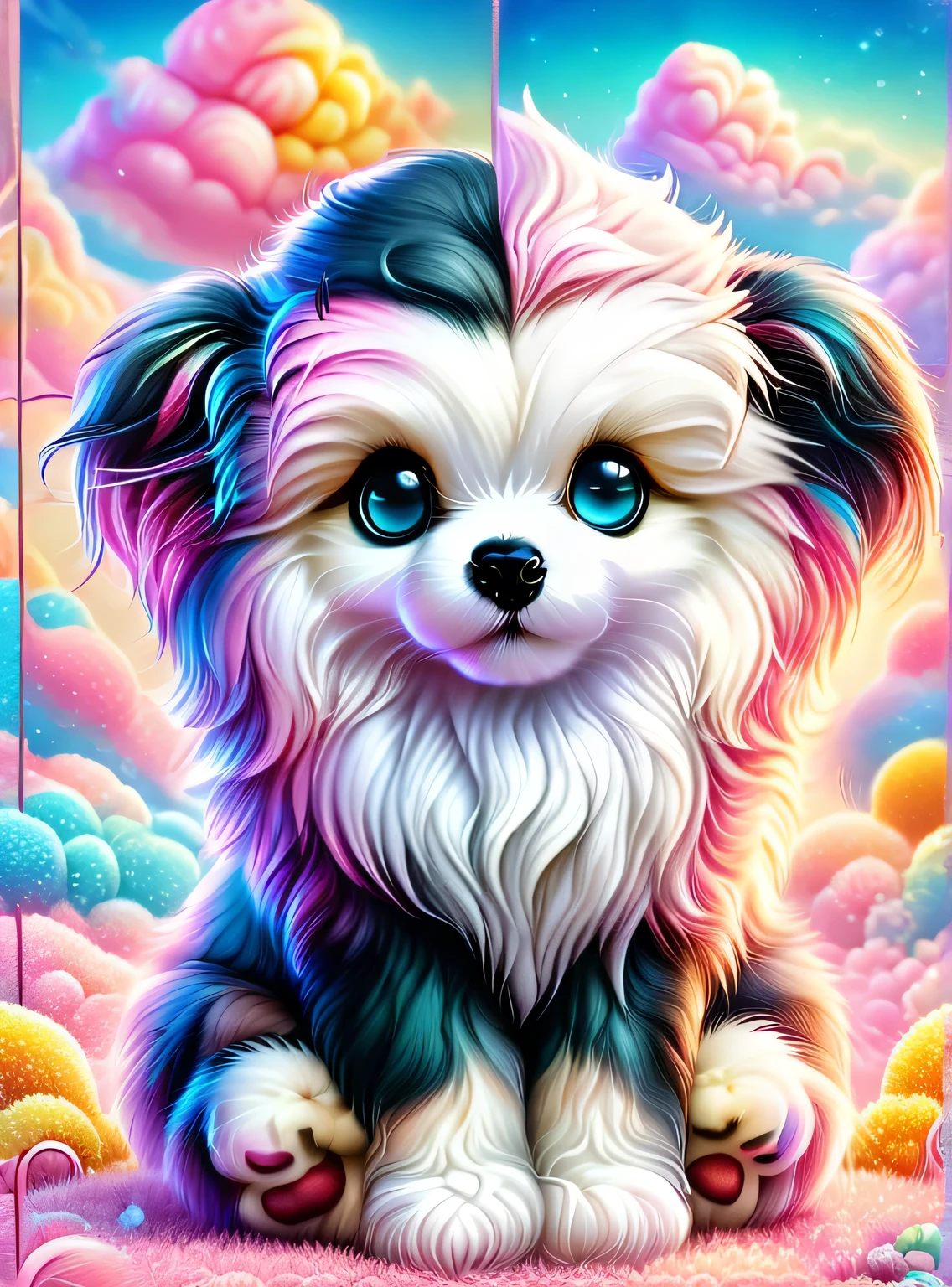 A chubby, adorable, furry little black and white sheepadoodle dog with anthropomorphic design, rich expressions including happiness, staring, and silly smiles, in a 3D plush style against a rainbows, background is a tie dye design, intertwining, a burning realistic pink and blue sun, realistic flames, burning, cyborg, black and white fractal spirals, tiny details, plants, octopus tentacles, honeycomb pattern, sacred geometry on skin, flower of life, psychedelic, visionary art, extremely detailed, hyperealistic, crisp, 8K upscaled to max, dark, horror, sunflowers, masterpiece, polkadots, cinematic background. It has a slightly fluffy, cartoon-style with minimalist elements. cottoncandy