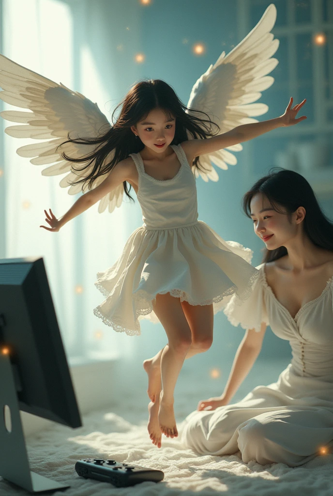 1 beautiful girl with short bob haircut, white high leg leotard, frilly miniskirt, full body, long takeoff, angelic, ethereal, soft glowing light, magical, mystical, ethereal, surreal, (best quality,4k,8k,highres,masterpiece:1.2),ultra-detailed,(realistic,photorealistic,photo-realistic:1.37),cinematic lighting,dramatic atmosphere,vibrant colors,intricate details,delicate features,graceful pose,floating,glowing wings,halo,dreamlike