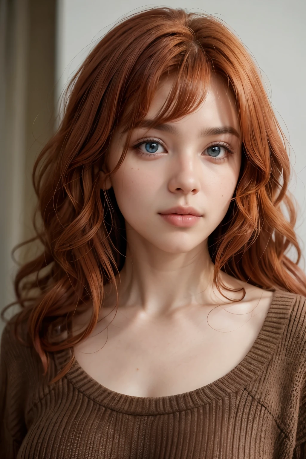adult  woman, greeneyes, long red curly hair with bangs.