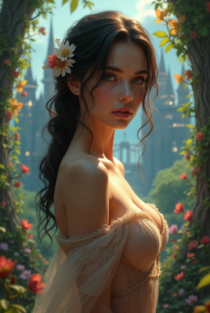 A young Caucasian woman in a lush garden, dancing with a very short, loosely tied white pareo accentuating her curves, her medium-sized breasts with small nipples visible, slim waist, detailed face and eyes, realistic, photorealistic, 8k, masterpiece, extremely detailed, vivid colors, studio lighting, intricate details, dynamic movement, rain, sensual atmosphere, no umbrella