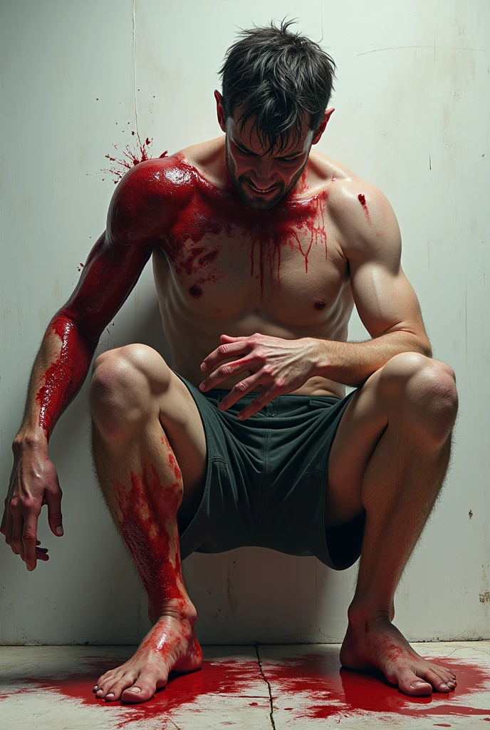 A boy with six pack abs has cuts of bloods in his abdomen is under my feet