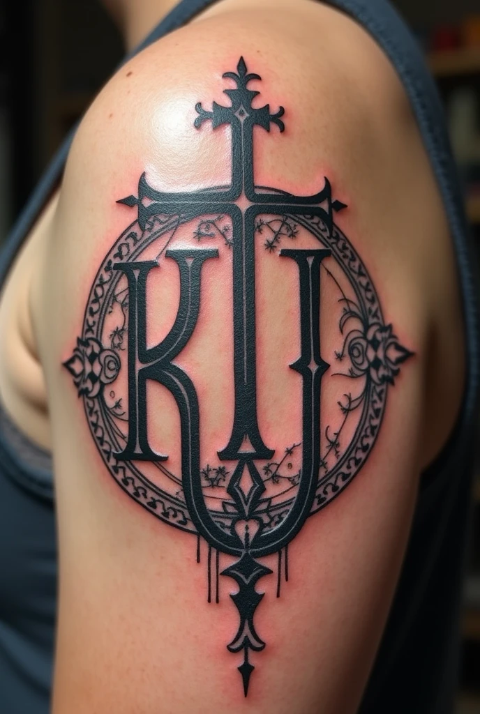 Crossed out ear tattoo on shoulder