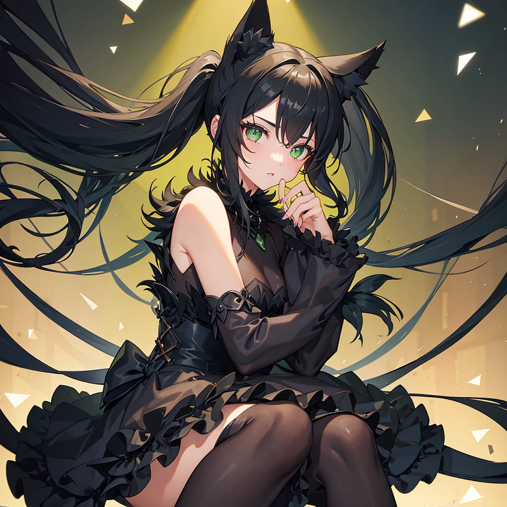 cat ear,the maid outfit,Beth,the girl with black hair,The chest is extremely small,Smooth thighs,Fine two-dimensional painting style,Lie down in bed,Upper body half naked,Delicate flaky texture,Spread your legs widely,Clothes were scattered all over the place,Expose part of the chest,vibrant with colors,Clothes fit closely,The chest contour is pronounced,revealing her belly