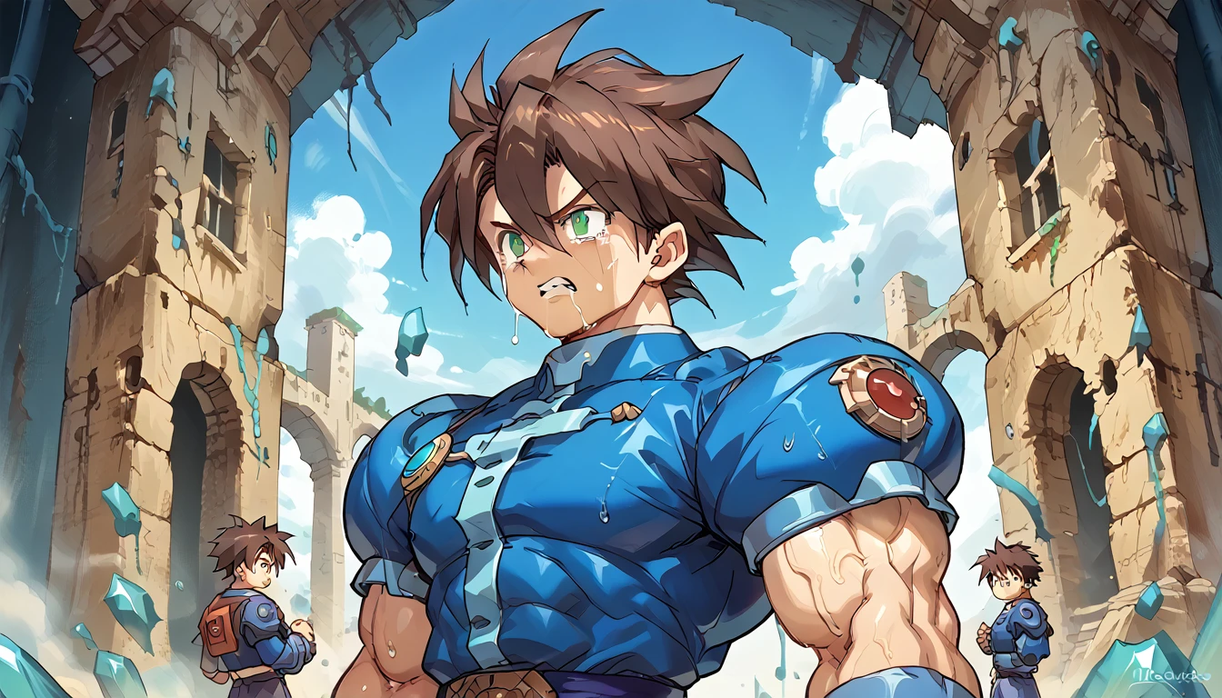 Highest quality,RAW Photos,Professional Art Works,m3g4m4n,Blue Armor,Muscular,Brown Hair, boy,male focus, brown hair, green eyes, Alone, android, hair between eyes,Ancient ruins with floating red and green crystals,Crying face,(((Huge muscles,Huge erect penis,Have sex))),Excessive sweating and drooling,Massive ,3boys,