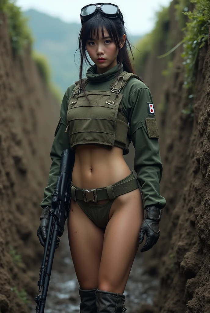 Create a surreal image of a detailed realistic soldier malaysian hijab female, scared, wild eyes, brown eyes, mud, dust, cinematic shot on canon 5d, nude, big ass, big boobs, macro image detailed, shots, badass look, action, perfect eyes, best quality, extremely sharp focus face, analog fine film grain, post apocalyptic, cinematic, realistic, trending artstation, helicopter, focus, studio photo, details, highly rutkowski, intricate, busy, raw, 4k, 8k, isometric, digital smog, volumetrics, sf, artwork masterpiece, ominous, matte painting movie poster, golden ratio.