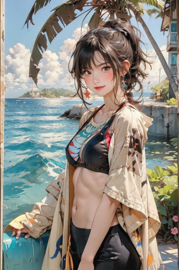 ((((Highest quality))))、(((Ultra-precision CG16K wallpaper)))、(((masterpiece)))、(((Super detailed)))、(((Extreme detail)))、((１Mature 29 year old woman:1.6))、((Very beautiful Japan face of a person))、((Urizane Face:1.8))、((Short bob straight hair:1.6))、(Shiny Hair)、A delicately drawn beautiful face、(Dark Eyes、Shining Eyes)、double eyelid、High nose、Small nostrils、Small Mouth、Seductive lips、Beautiful breasts、((B cup size breasts))、Cleavage、A small vertical belly button、Delicate nails、Beautiful feet、((Thin thighs))、eight-headed body、Perfect proportions、Perfect Anatomy、Perfect composition、Beautiful detailed shading、Beautiful, natural lighting、Beautiful detail glow、Depth of written boundary、(((High chroma)))、(((Real:1.9)))、((vivid:1.5))、((Beautiful Skin))、((Skin Texture))、((Realな皮膚感))、(((Cowboy Shot:1.6)))、(((front view、shoot from front、front low angle:1.6)))、(((Half-open mouth、Surprised face:1.5)))、(((looking at camera:1.6)))、Bright daylight、Natural light、(((background_Flower Field、Sky and Clouds:1.5)))、(Walking Pose:1.6)、(((Blue camouflage micro bikini swimsuit:1.6)))、((necklace、Wearing earrings:1.5))、