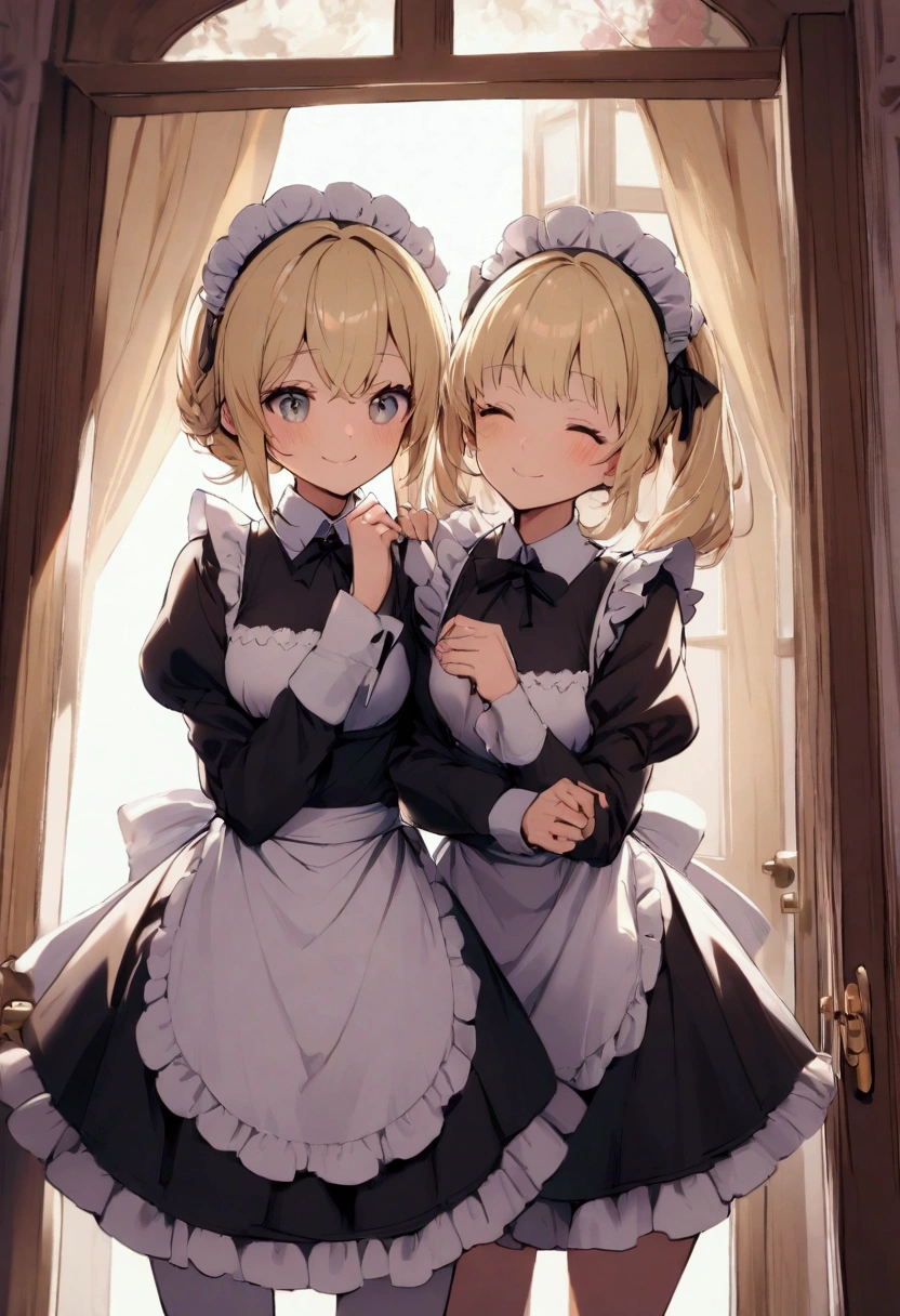 (masterpiece, highest quality, High resolution、be familiar with), (shining eyes)、1 girl,blonde hair, maid, blue eyes, side ponytail, hair scrunchie, hair ornaments, blue scrunchie, maid headdress, apron, (Mansion garden、drying laundry)hair between eyes, chest, long sleeve, bangs, white shirt, black dress, side lock, maid apron, black pantyhose,  cowboy shot,indoor、Western-style room、beautiful anime