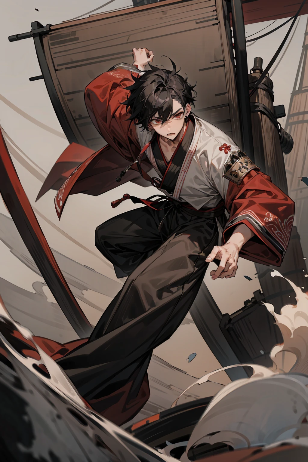 1male, Adult, Two-Toned Hair, White and Black Hair, Messy Hair, Short Hair, Large Ear Rings, Red Martial Arts Clothing, Black Baggy Pants, Red Haori, Grey Sash, Pirate Ship