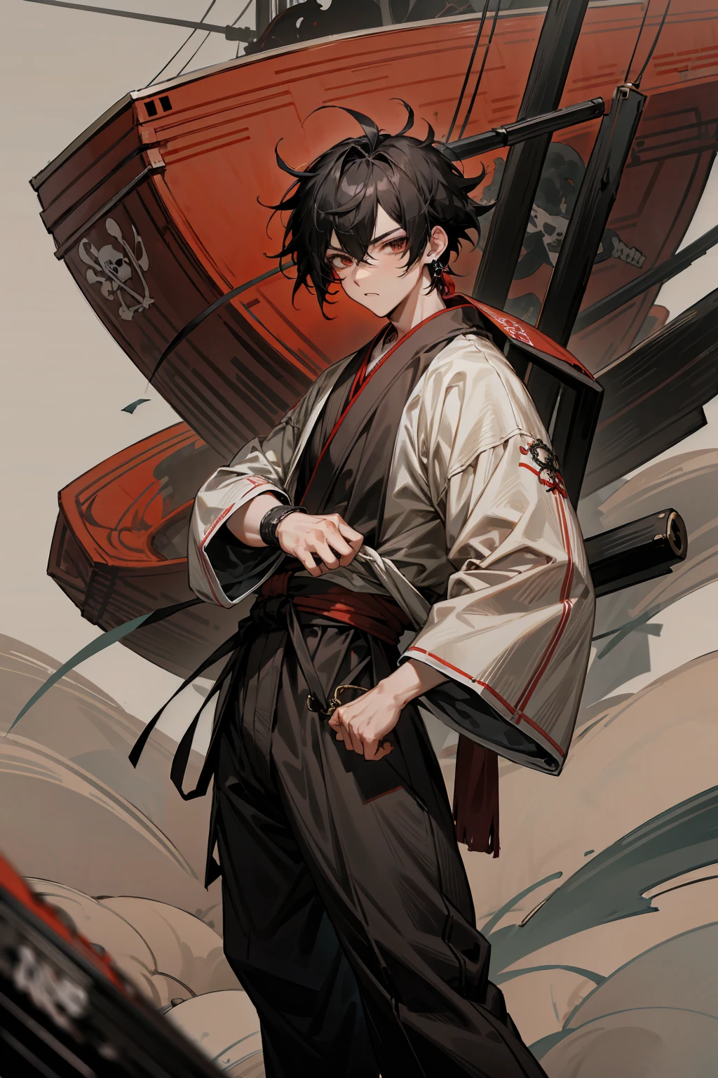 1male, Adult, Two-Toned Hair, White and Black Hair, Messy Hair, Short Hair, Large Ear Rings, Red Martial Arts Clothing, Black Baggy Pants, Red Haori, Grey Sash, Pirate Ship