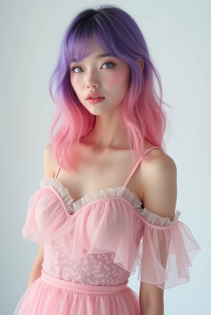 purple and pink color scheme,Sexy Girl ,tiny body,white curly hair, Colorful colored camisole,
standing,